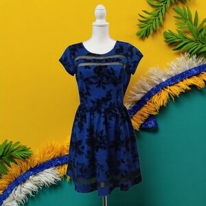 Trixxi Royal Blue Dress with‎ Black Floral Design Size 11 VGC